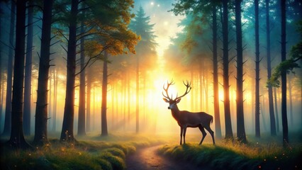 A majestic stag stands tall in a sun-drenched forest, the golden rays illuminating the mist and casting long shadows through the ancient trees.