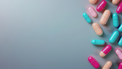 Colorful capsules scattered against a soft gradient background, showcasing a variety of shapes and sizes, ideal for healthcare and pharmaceutical themes.