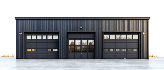 A modern metal garage structure with large doors and windows, perfect for storage or workspace. Sleek and minimalist design.