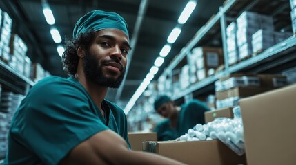 Fototapeta premium A male surgeon in scrubs meticulously organizes medical supplies in a hospital storage area, showcasing careful attention and orderly management within a healthcare setting.