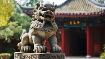 Qilin Guardian at Ancient Palace Entrance, majestic symbol of fortune and peace, showcasing intricate historical architecture