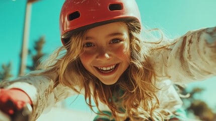 A smiling girl with freckles rides a skateboard wearing a red helmet. Her cheerful expression and the energetic scene capture the essence of youthful adventure and freedom.