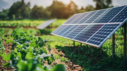 A solar panel array providing energy for a sustainable farm, with crops growing nearby