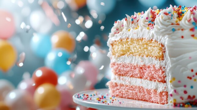A multi-layered cake showcasing vibrant pink and yellow sponge, covered in white frosting and topped with colored sprinkles, creating a cheerful party vibe.