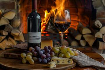 Obraz premium Photograph of a rustic scene with a glass of wine and cheese with a fireplace in the background.