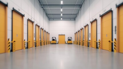 Obraz premium Large-scale distribution warehouse with multiple conveyor systems, forklifts, and a busy loading dock, Warehouse, Distribution Center