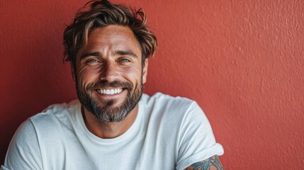 Obraz premium A relaxed and cheerful man, with a bright smile, against a minimalistic orange-red backdrop, showcasing a contemporary style and a positive, laid-back vibe.