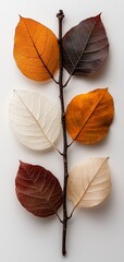 Obraz premium A branch with four translucent leaves in vivid colors, including orange, blue, yellow, and white, arranged on a white backdrop.