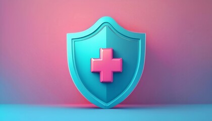 Obraz premium A stylized 3D shield features a medical cross, blending colors of teal and pink, symbolizing health protection and safety.