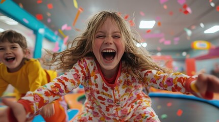 Obraz premium A cheerful young girl in patterned pajamas laughs joyously while bouncing on an indoor trampoline, capturing the essence of carefree childhood fun and happiness.