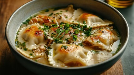 This visually appealing bowl of ravioli chicken soup is garnished thoughtfully with fresh herbs and spices, evoking a sense of home-cooked comfort and delight.