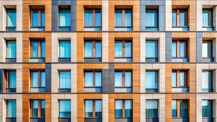 Fototapeta premium Modern building with a geometric pattern of windows in a grid of wood, stone, and concrete panels
