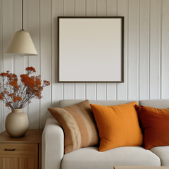 Mockup of a 1x1 dark wooden square frame in a country living room with a sofa. Modern cottage, farmhouse, cozy home interior. Artwork, poster, art print, mockup.