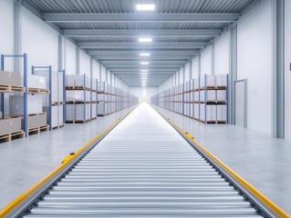 Obraz premium Warehouse interior with automated conveyor belts, smart shelving, and a high-tech loading dock, Warehouse, Automated Systems