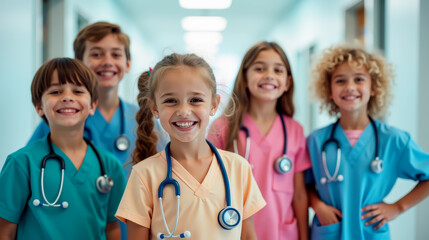 Smiling children dressed as doctors in a hospital in a role-playing simulation game in the medical field simulating a medical profession. Little girl with Group of four children dressed in colorful me
