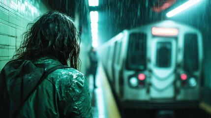 A person stands on a subway platform in the pouring rain, looking at an approaching train, creating a moody and atmospheric urban scene.