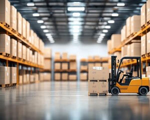Modern warehouse interior with glass walls, automated forklifts, and high-tech loading systems, Warehouse, Modern Innovation