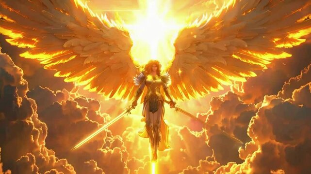 A powerful archangel with a golden sword and glowing halo clouds, earth below. angel's wings light beams thick clouds. The sky turns brighter, 4k anime-style religious Animation Video