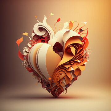 Coeur de couleur blanche et rouge avec des fleurs et des roses, illustration en 3D du coeur humain