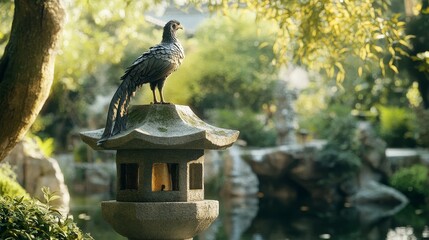 Phoenix on stone lantern, traditional Chinese garden, feng shui elements, peaceful atmosphere, tranquility, serene beauty