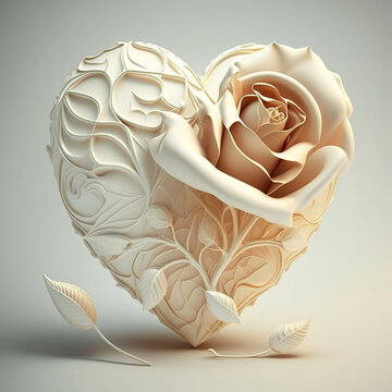 Coeur de couleur blanche et rouge avec des fleurs et des roses, illustration en 3D du coeur humain