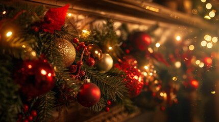 Festive Garland with Red and Gold Ornaments on Christmas Fireplace Mantel