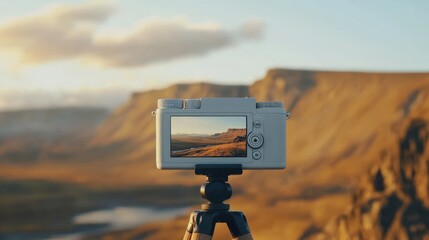 Naklejka premium A camera on a tripod captures a scenic landscape at sunset.
