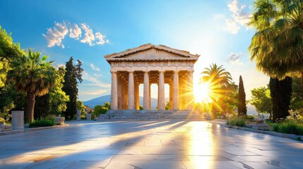 Obraz premium The Temple of Hephaestus, a well-preserved Greek temple with its symmetrical columns and classic Doric style.