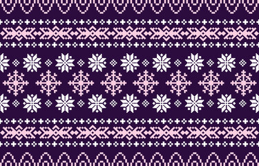 Christmas and New Year green and white seamless pattern, fairytale pixel pattern in white and green with Nordic snowflakes for winter hats, ugly sweaters, jumpers. wallpaper, paper or other design