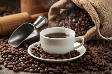 Fototapeta premium Rustic coffee setup with steaming cup, beans, and burlap sack evokes warmth