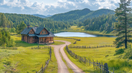 A cozy log cabin nestled by a serene lake surrounded by lush green hills under a bright blue sky on a sunny day
