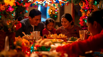 Happy Hispanic family celebrating Christmas and New Year holidays.