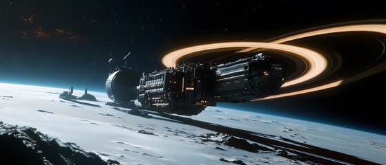 A futuristic spaceship flies past a ringed planet.