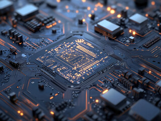 A striking brain sculpture glows with red lines, positioned on a busy circuit board