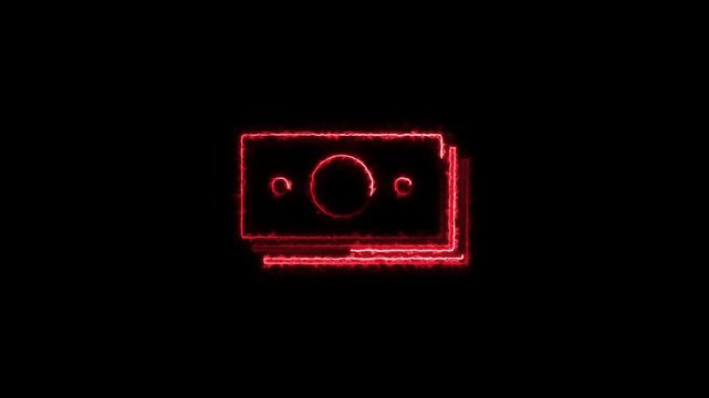 Glowing neon money icon animation. Glowing neon money stack sign, paper banknotes. Business and finance, bank cash currency, receive salary, investment income, cash exchange market concept.
