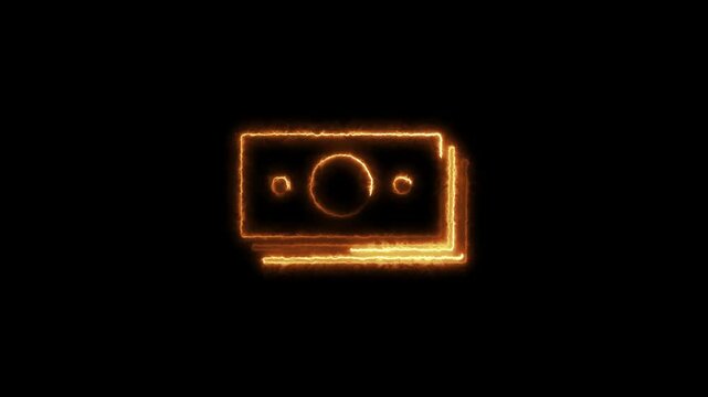 Glowing neon money icon animation. Glowing neon money stack sign, paper banknotes. Business and finance, bank cash currency, receive salary, investment income, cash exchange market concept.