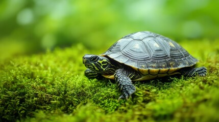 Serene turtle nestled in vibrant green moss symbolizing longevity and stability, embodying principles of feng shui harmony and balance