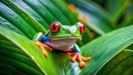 Red-Eyed Tree Frog Perched on a Lush Green Leaf, Its Striking Colors a Contrast to the Vibrant Foliage