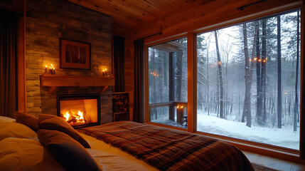 Cozy bedroom with a fireplace and large windows overlooking a snowy forest.