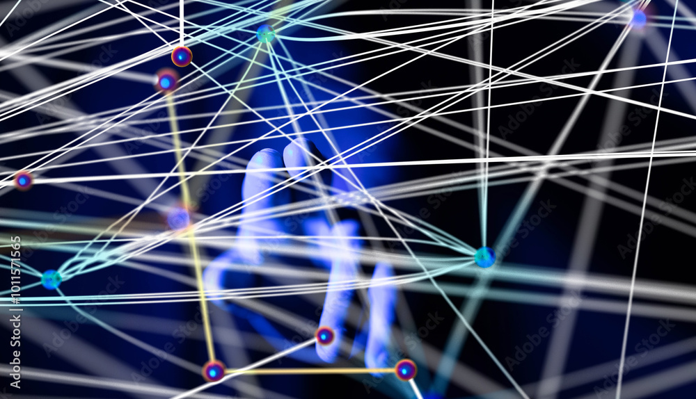 Poster Global network. Blockchain. 3D illustration. Neural networks and artificial intelligence. Abstract