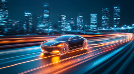 Fototapeta premium A futuristic electric car driving through a city at night. The car is sleek and modern, with glowing headlights and taillights. The city lights are blurred i