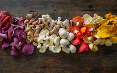 A colorful arrangement of various mushrooms displayed on a wooden surface, showcasing their diverse shapes and colors.