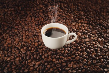 Fototapeta premium White coffee cup on layer of beans, steam rising, cozy, warm backdrop