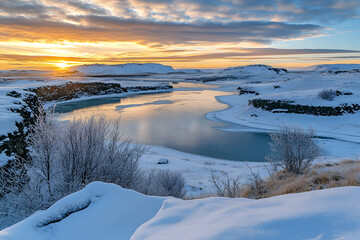 Serene Winter Landscape with Frozen River and Majestic Sunrise Over Snow-Capped Mountains