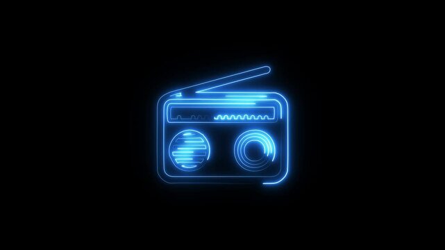 Neon radio icon animation. Tape recorder neon signboard icon concept.