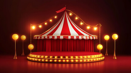 A red and white striped circus tent with a stage and lights.