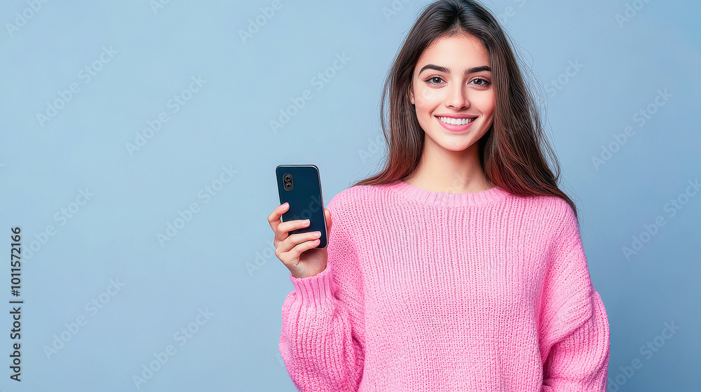 Canvas Prints young indian woman holding smartphone on isolated background