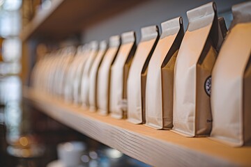 Wooden shelf displays neatly arranged paper bags in a cozy cafe