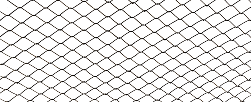 The texture of the metal mesh. Torn, destroyed, broken metal mesh on a white background