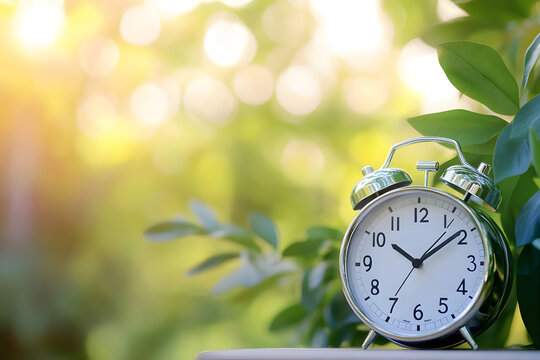 Vintage clock surrounded by lush green leaves and soft bokeh background for tranquil moments